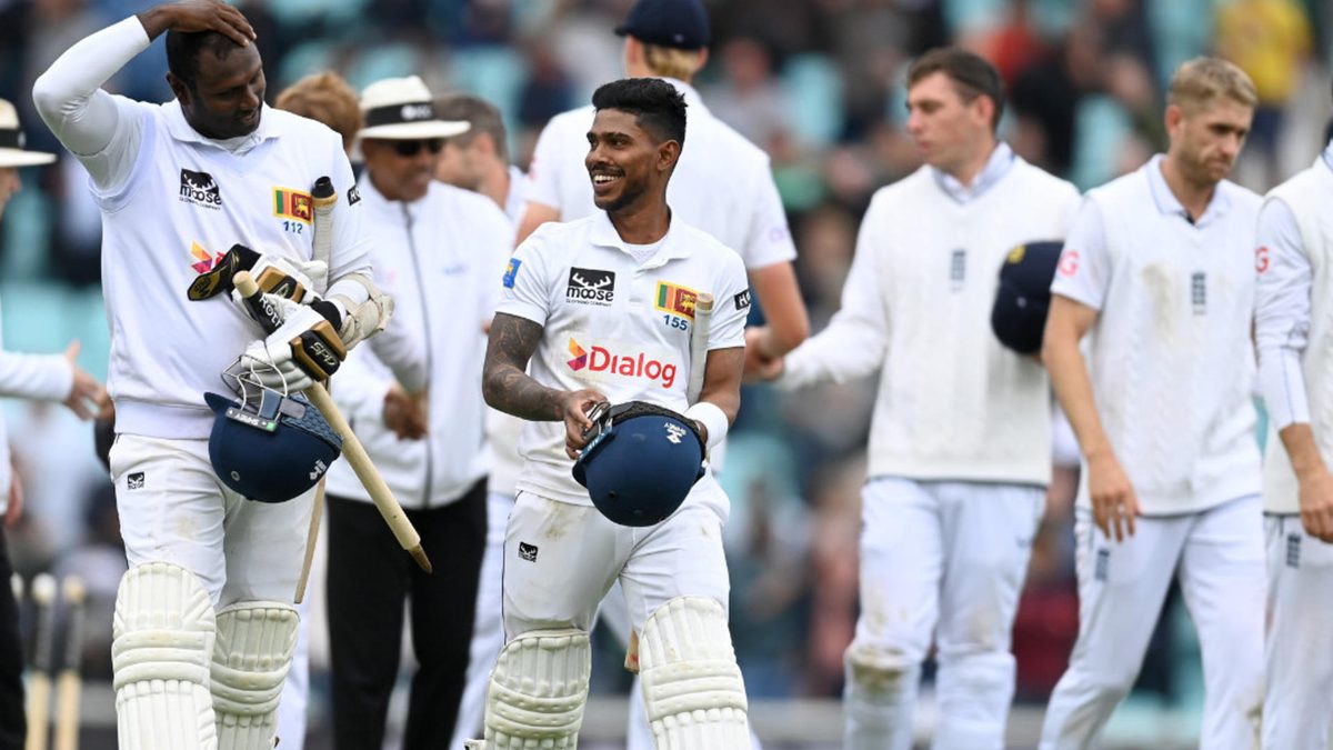 Angelo Mathews and Pathum Nissanka of Sri Lanka leave the field after winning the 3rd Test Match between England and Sri Lanka at The Kia Oval on September 09, 2024