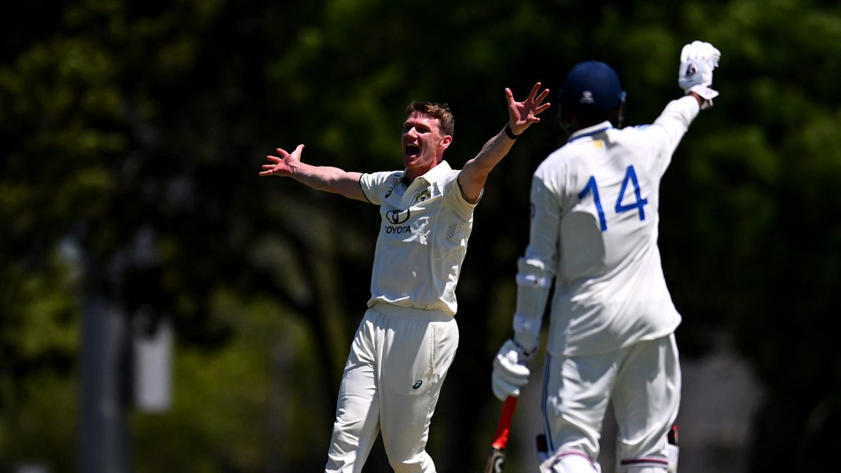  Brendan Doggett of Australia A appeals successfully for the wicket of Manav Suthar of India A during the match between Australia A and India A at Great Barrier Reef Arena on October 31, 2024 in Mackay, Australia