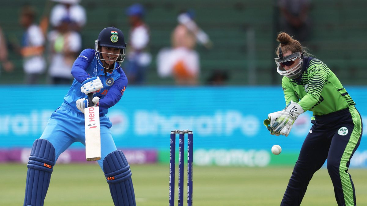 Smriti Mandhana of India plays a shot as Mary Waldron of Ireland keeps during the ICC Women's T20 World Cup group B match between India and Ireland at St George's Park on February 20, 2023 in Gqeberha, South Africa