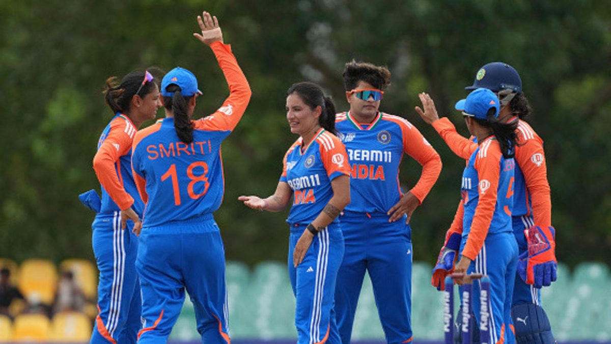 Renuka Singh (C) of India celebrates the wicket of Murshida Khatun (not in pictures) of Bangladesh with teammates during the 2024 Women's T20 Asia Cup match between India and Bangladesh at Rangiri Dambulla International Cricket Stadium on July 26, 2024 in Dambulla, Sri Lanka