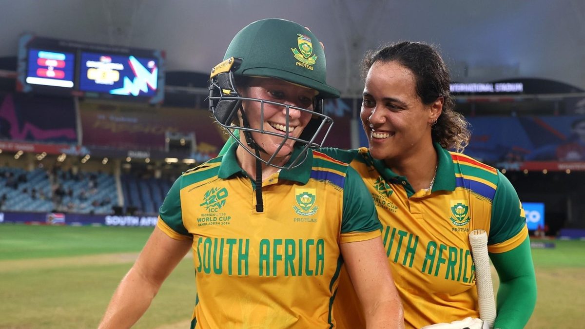 Anneke Bosch and Chloe Tryon celebrate their T20 World Cup semi-final victory over Australia