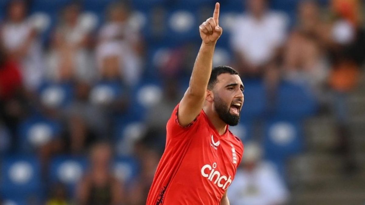 Saqib Mahmood celebrates an early wicket during the third T20I between West Indies and England at Saint Lucia