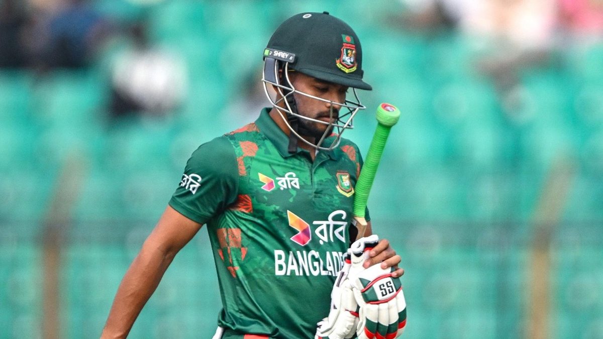 Bangladesh captain Najmul Hossain Shanto, whose team suffered a historic collapse against Afghanistan, reacts after a dismissal