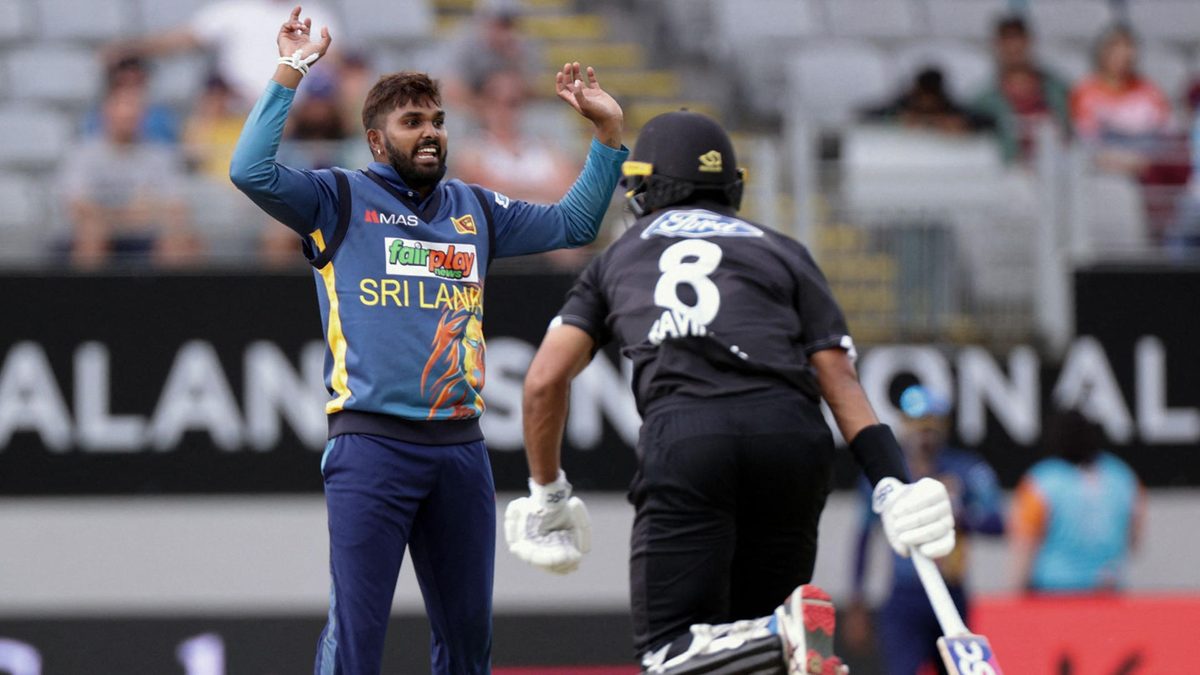 Sri Lanka's Wanindu Hasaranga reacts after bowling during the first one-day international cricket match between New Zealand and Sri Lanka at Eden Park in Auckland on March 25, 2023