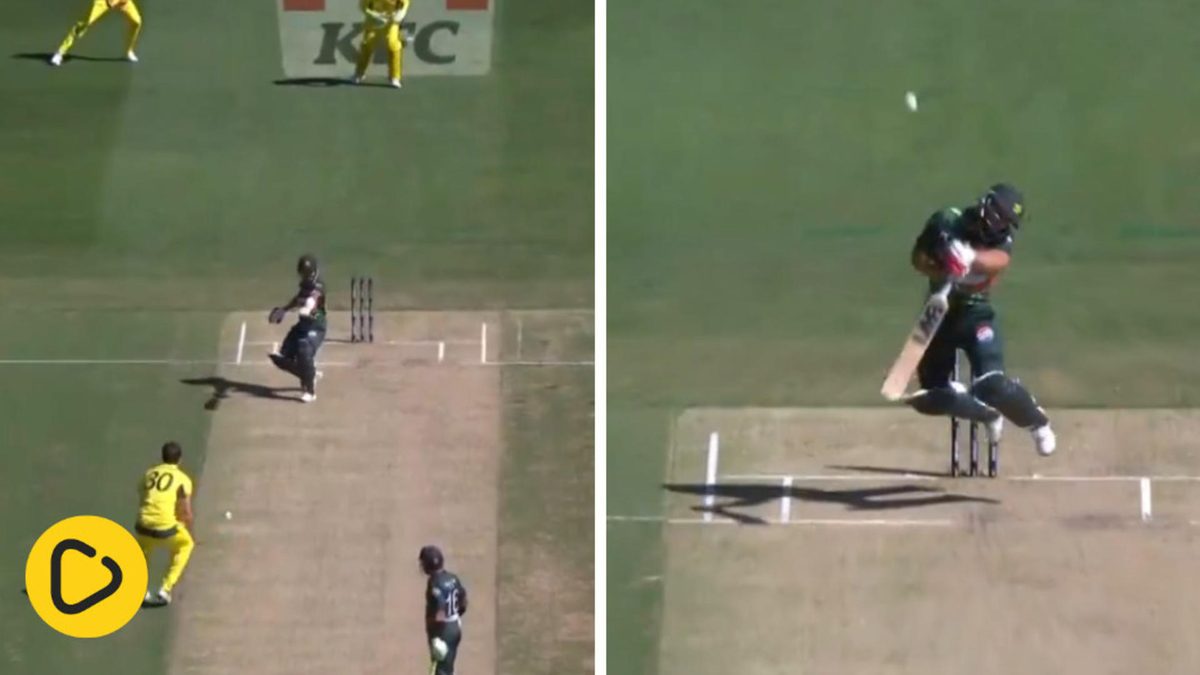 Kamran Ghulam falls off a bouncer from Pat Cummins during the first ODI between Australia and Pakistan at the MCG.