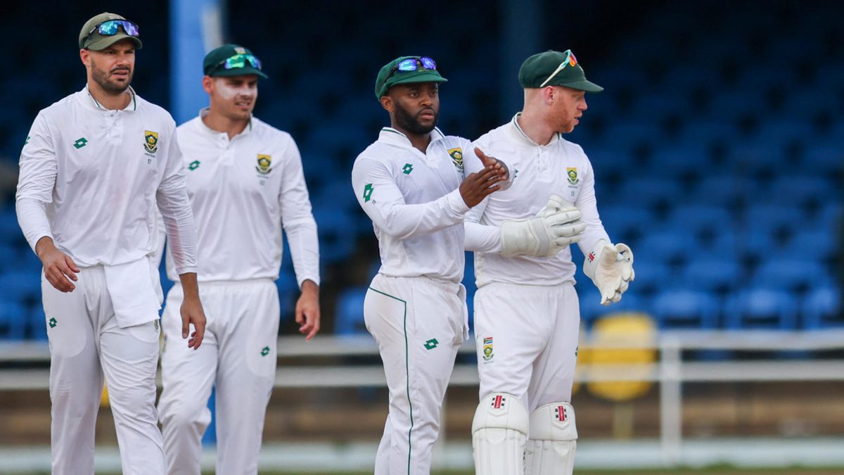  Temba Bavuma of South Africa requests a television review during day 3 of the 1st test match between West Indies and South Africa at Queen?s Park Oval on August 09, 2024 in Port of Spain, Trinidad and Tobago