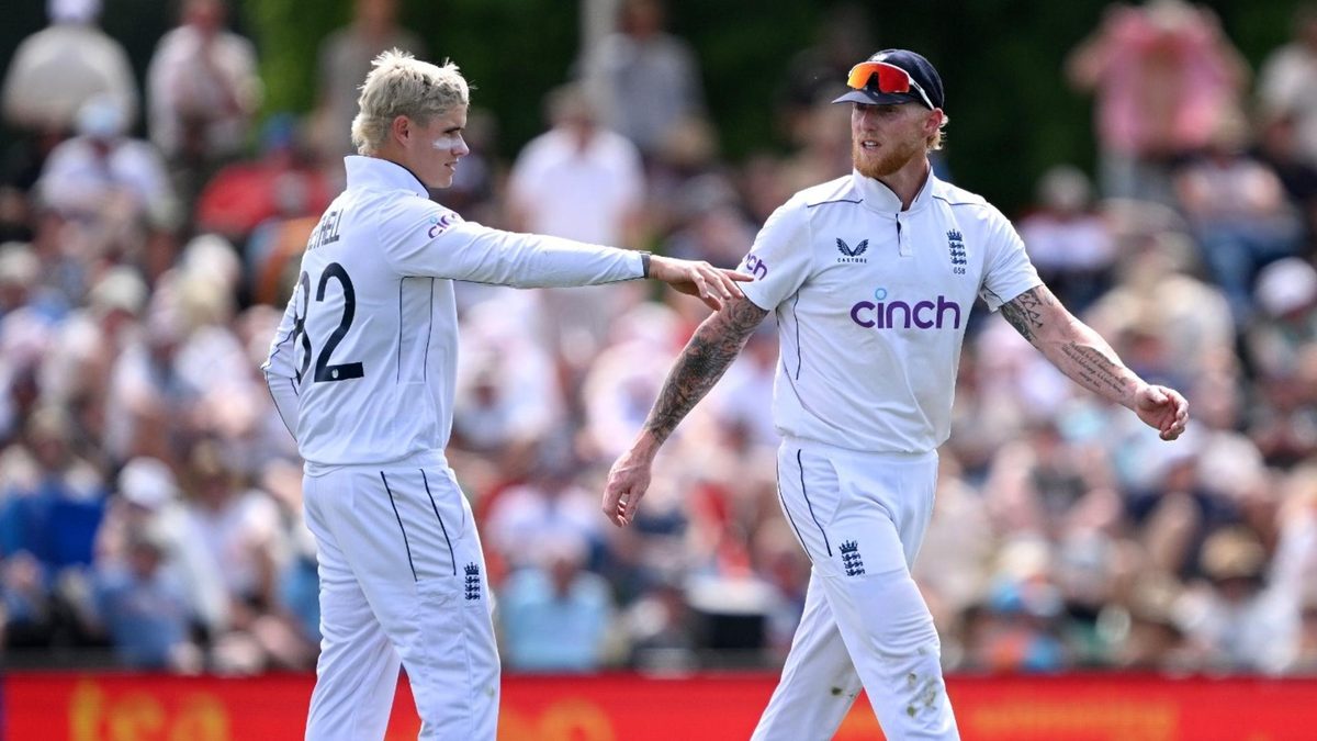 Jacob Bethell and Ben Stokes during the Christchurch Test match