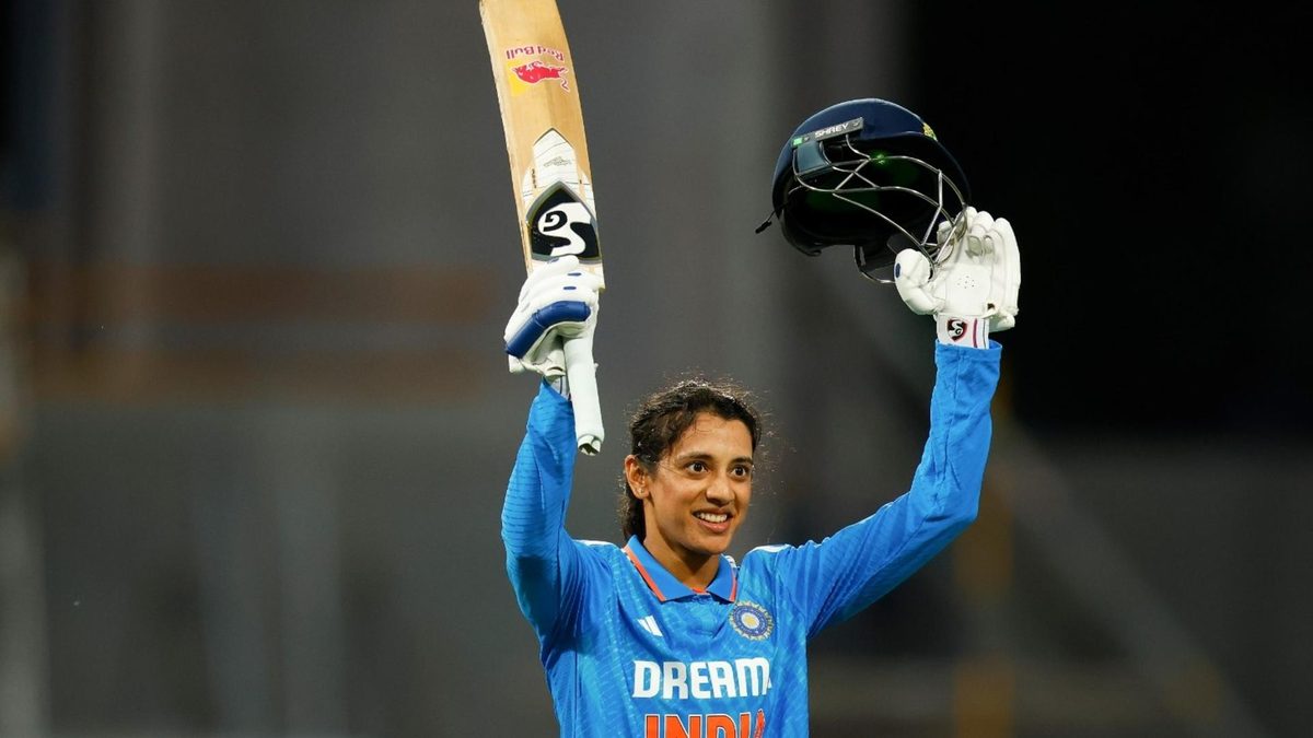 Smriti Mandhana celebrates after scoring record ODI century against Australia