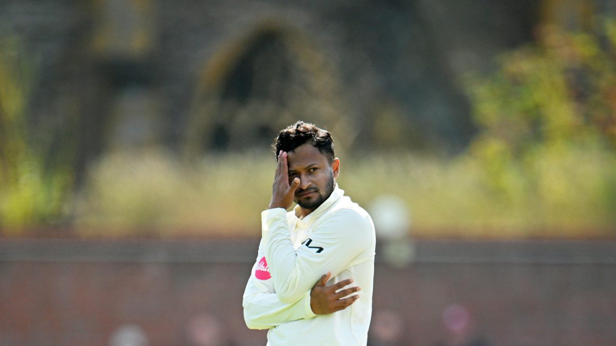 Shakib Al Hasan of Surrey reacts during Day One of the Vitality County Championship Division One match between Somerset and Surrey at The Cooper Associates County Ground on September 09, 2024 in Taunton, England