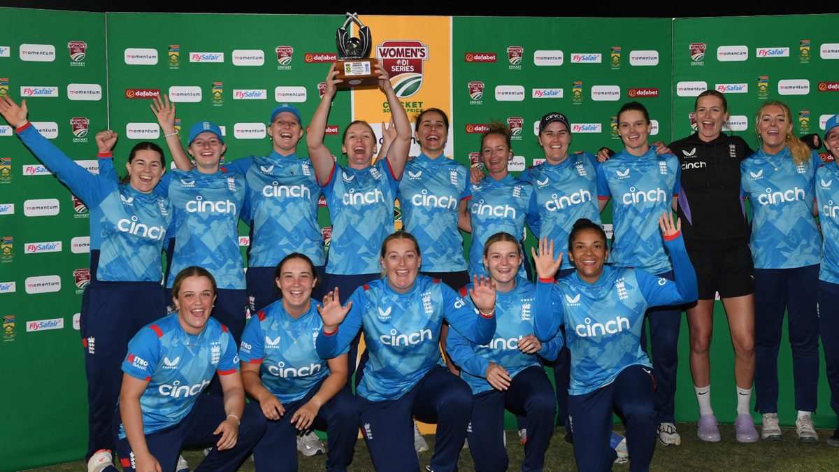 England celebrate with the Series Winner trophy during the 3rd IWC ODI match between South Africa and England at JB Marks Oval on December 11, 2024 in Potchefstroom, South Africa