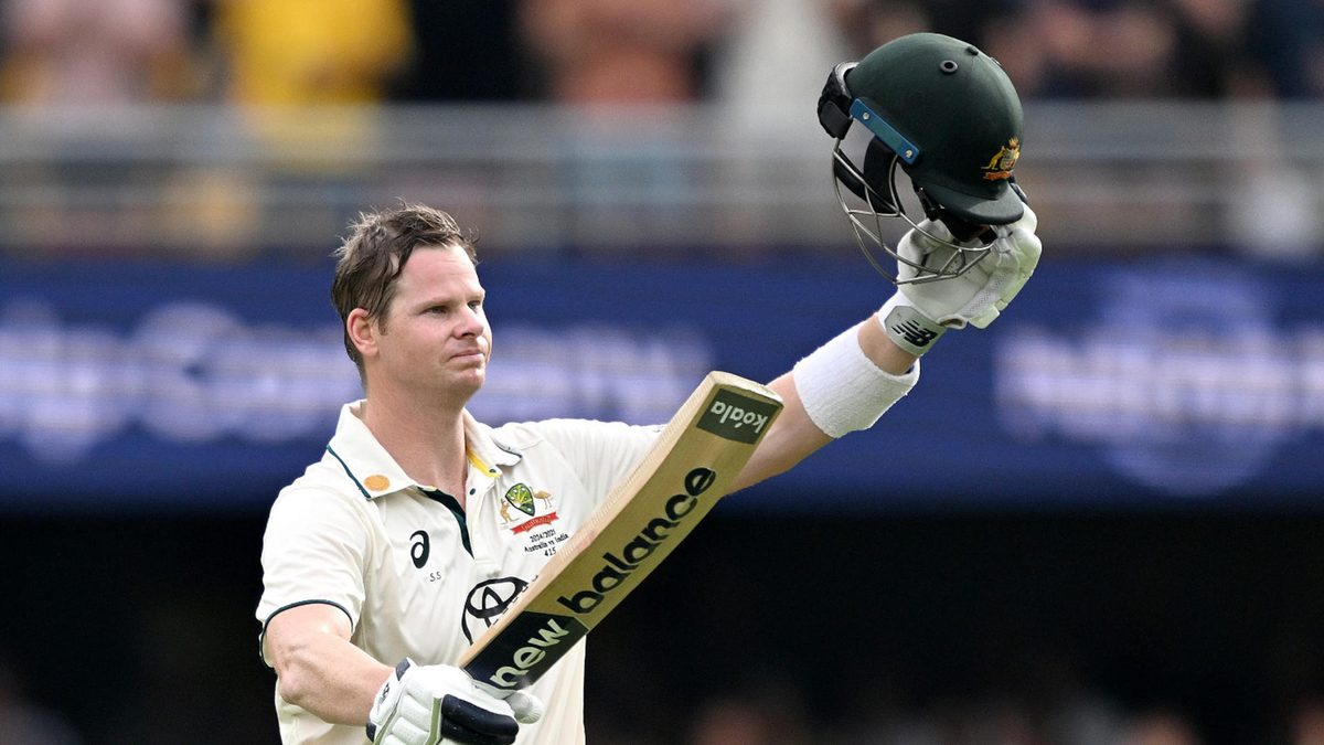  Steve Smith of Australia celebrates after scoring a century during day two of the Third Test match in the series between Australia and India at The Gabba on December 15, 2024 in Brisbane, Australia.